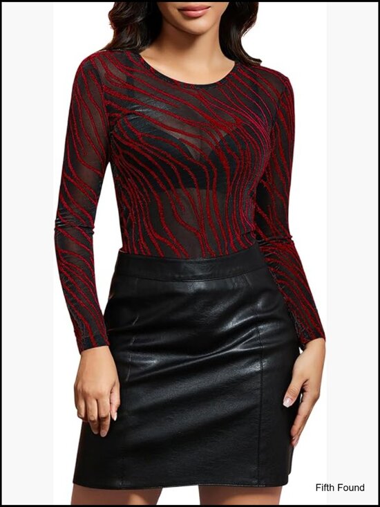 Tops - Sheer Mesh Long Sleeve Glitter Top - Sexy See Through Blouse